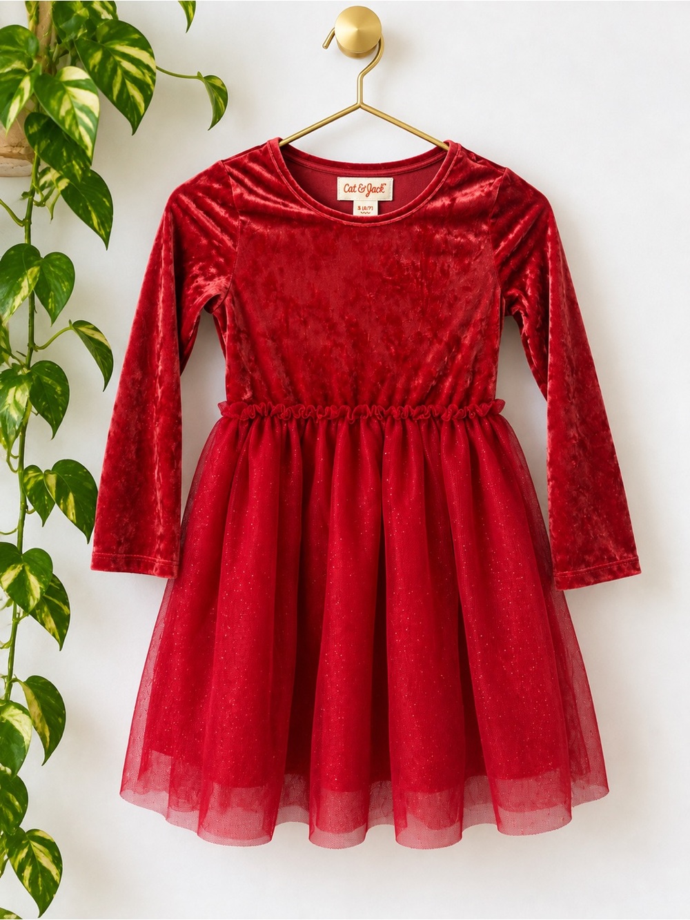 Cat & Jack Red Velvet Long-Sleeve Tulle Dress